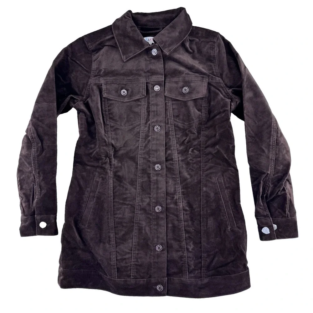 Denim & Co Stretch Velveteen Regular Long Jacket XXS Dark Chocolate Brown